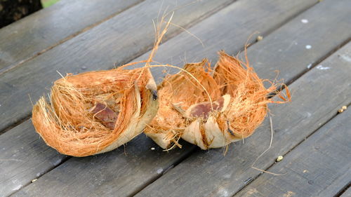 High angle view of dry leaves on table