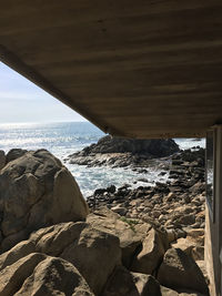 Close-up of rocks at shore against sky