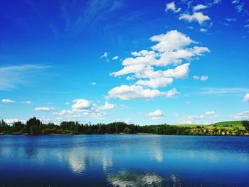 Scenic view of lake against cloudy sky