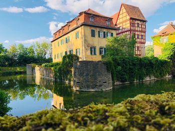 Buildings by lake against sky