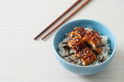 High angle view of food in bowl on table