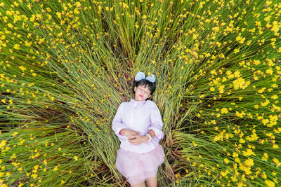 Directly above shot of girl sleeping amidst flowering plants on field