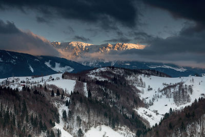 Panoramic view of snowcapped mountains against sky