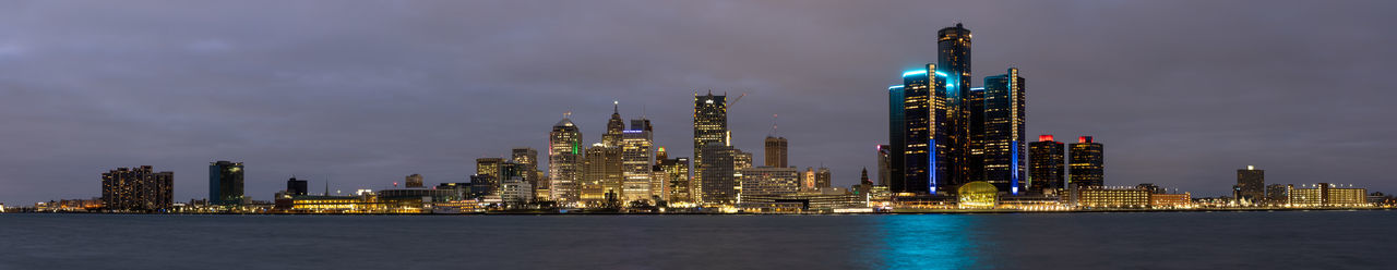 Detroit skyline at dusk viewed from windsor on.