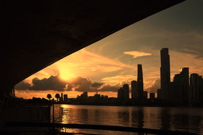 Silhouette buildings by river against sky during sunset