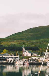 View on the church in husavik with a mountain on the background