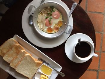 High angle view of breakfast served on table