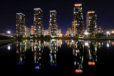 Reflection of illuminated buildings in river at night