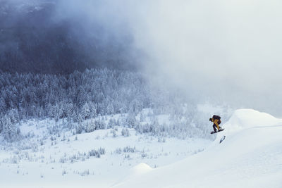 Snowboarder jumping in winter with mist and trees