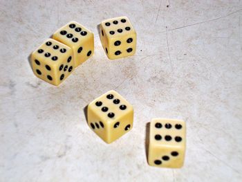 High angle view of dice on table