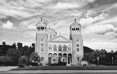 Facade of church against cloudy sky