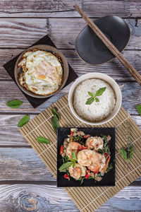 High angle view of various food on table