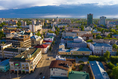 High angle view of buildings in city