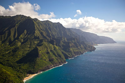 Scenic view of sea and mountains against sky