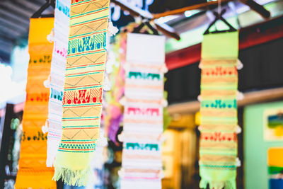 Close-up of multi colored textile at market stall