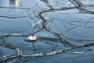 High angle view of frozen water on land