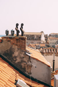 Buildings in town against clear sky