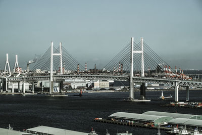 View of suspension bridge with city in background