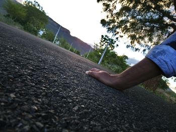 Midsection of person on road by trees against sky