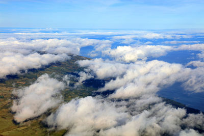 Aerial view of clouds over landscape against sky