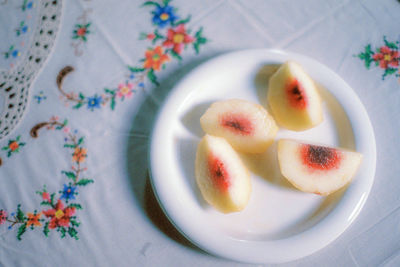 High angle view of breakfast served on table