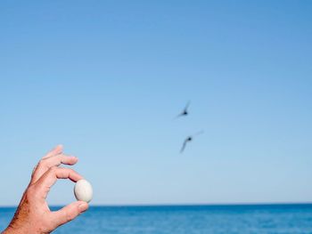 Human hand holding a smooth stone against the sea and clear sky