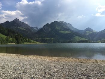 Scenic view of lake against cloudy sky