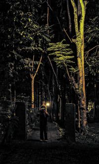 Man on street in illuminated city at night