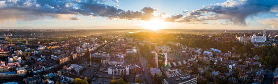 High angle view of townscape against sky during sunset