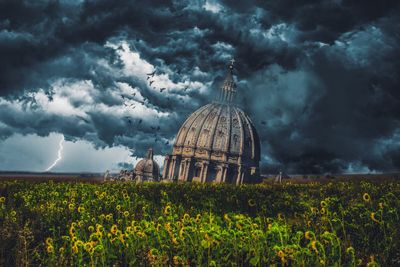 Scenic view of flowering plants on field against cloudy sky