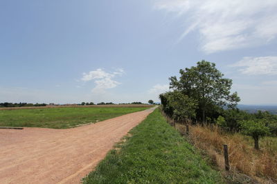 Road amidst grassy field against cloudy sky