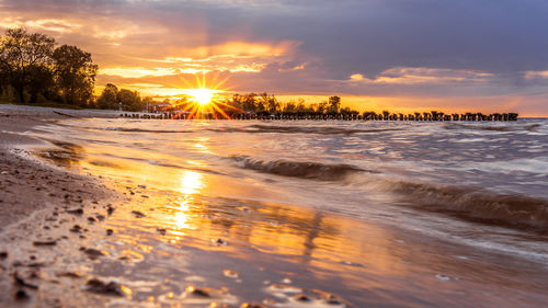 Scenic view of beach against sky during sunset