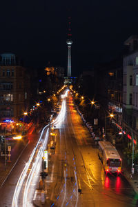 High angle view of road leading towards fernsehturm tower at night