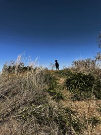 Man standing on field against clear sky