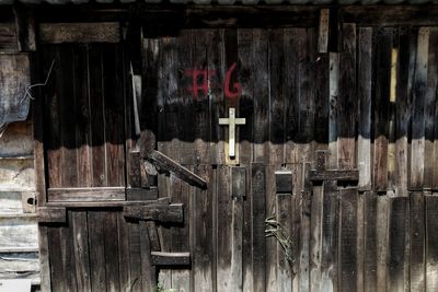 Close-up of text on wooden wall of old building