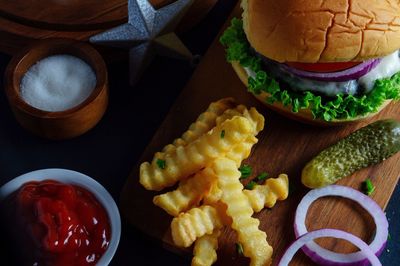 High angle view of food served on table