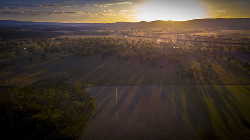 High angle view of landscape against sky during sunset