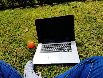 Man using mobile phone in grass