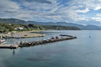 Arkitsa, greece. view of the coast and port from a ship departing from the port.