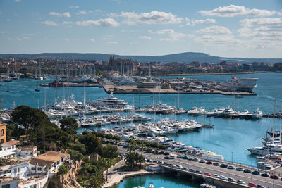 High angle view of boats moored in harbor