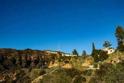 View of trees on landscape against blue sky