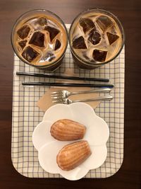 High angle view of ice cream in plate on table