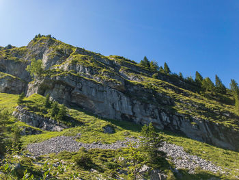 Low angle view of mountain against blue sky
