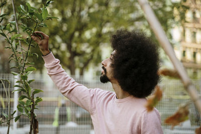 Man examining plants in garden