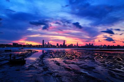 City at waterfront during sunset