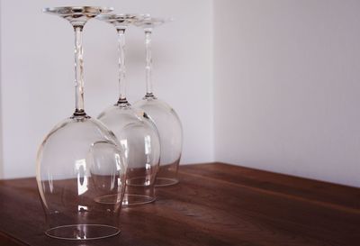 Wine glasses on table against the wall