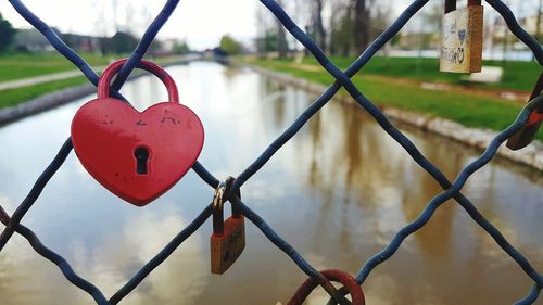 Close-up of padlocks on fence