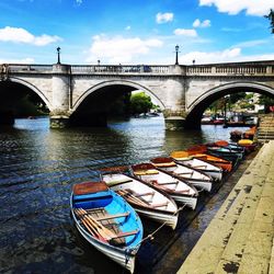 Arch bridge over river against sky