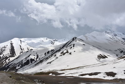 Scenic view of snow covered mountains against sky