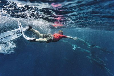 Man swimming with sharks in sea